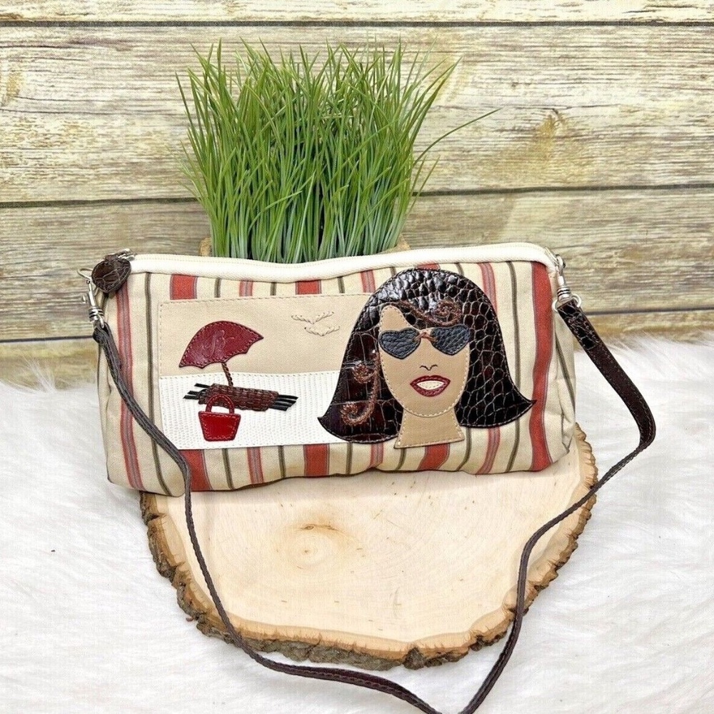 Brighton Striped Print Beach Scene Small Canvas Leather Bag Purse Handbag